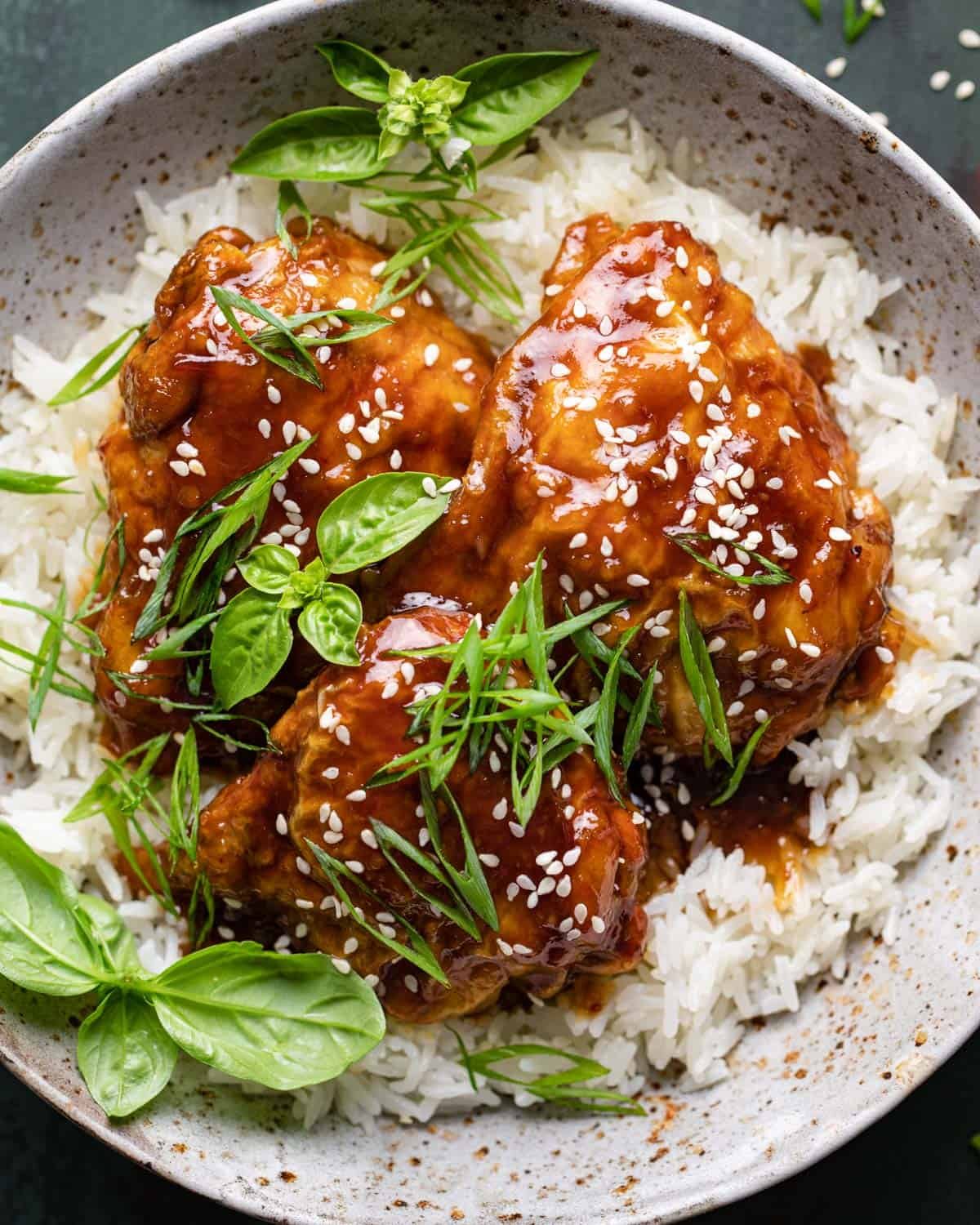 Air fryer teriyaki chicken thighs over rice.