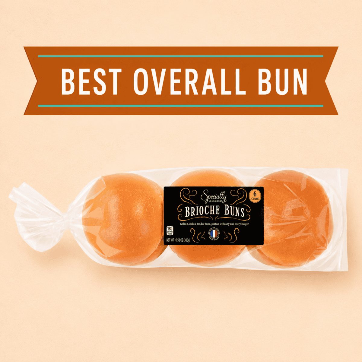 Package of Aldi Specially Selected Brioche Buns labeled as the best overall bun for burgers.