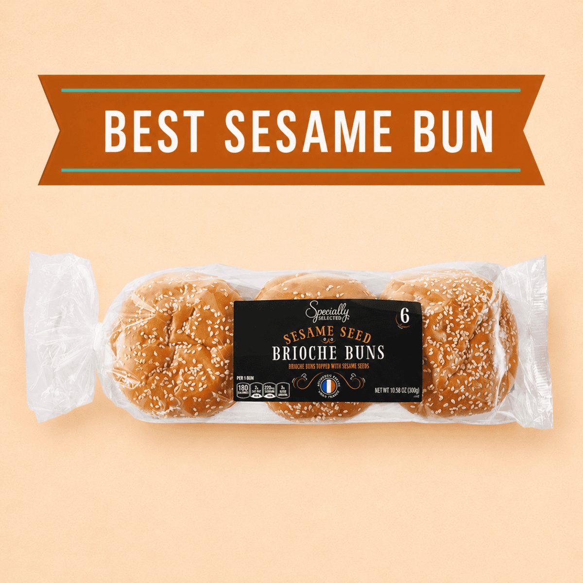 Package of Aldi Specially Selected Sesame Seed Brioche Buns labeled as the best sesame bun for burgers.