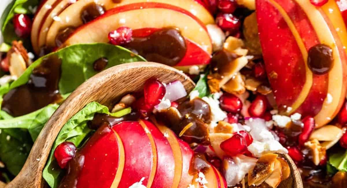 Overhaed image of apple spinach salad.