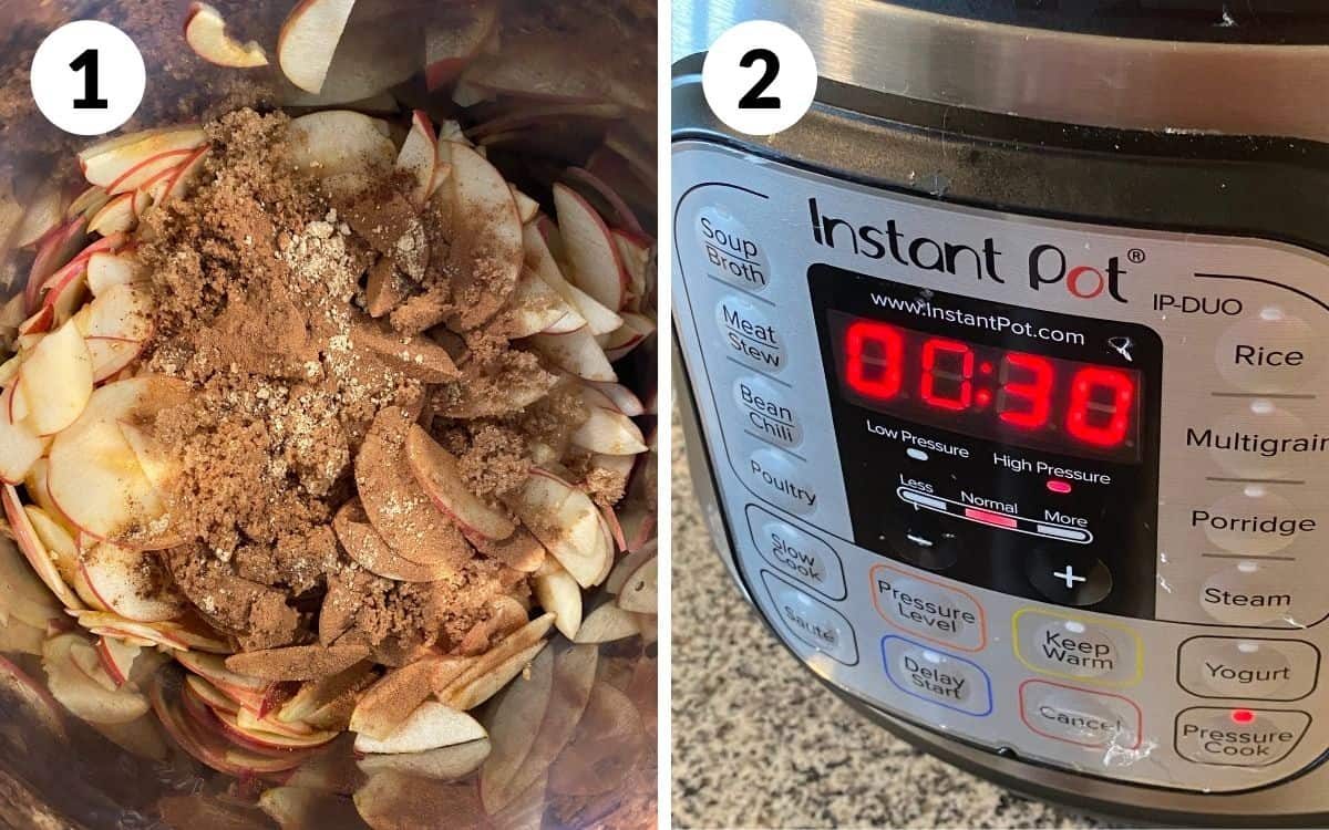 Apples and other ingredients layered in the instant pot. instant pot screen displaying 30 minutes.