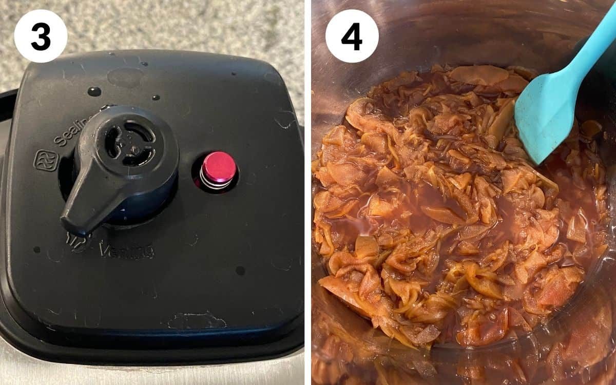 Instant pot valve turned to venting. Spoon in cooked apples with vanilla added.