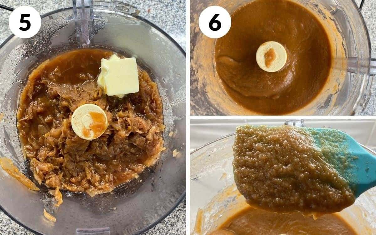 Apples and butter in food processor. Pureed apple curd in food processor. Spoon with apple curd not running off.