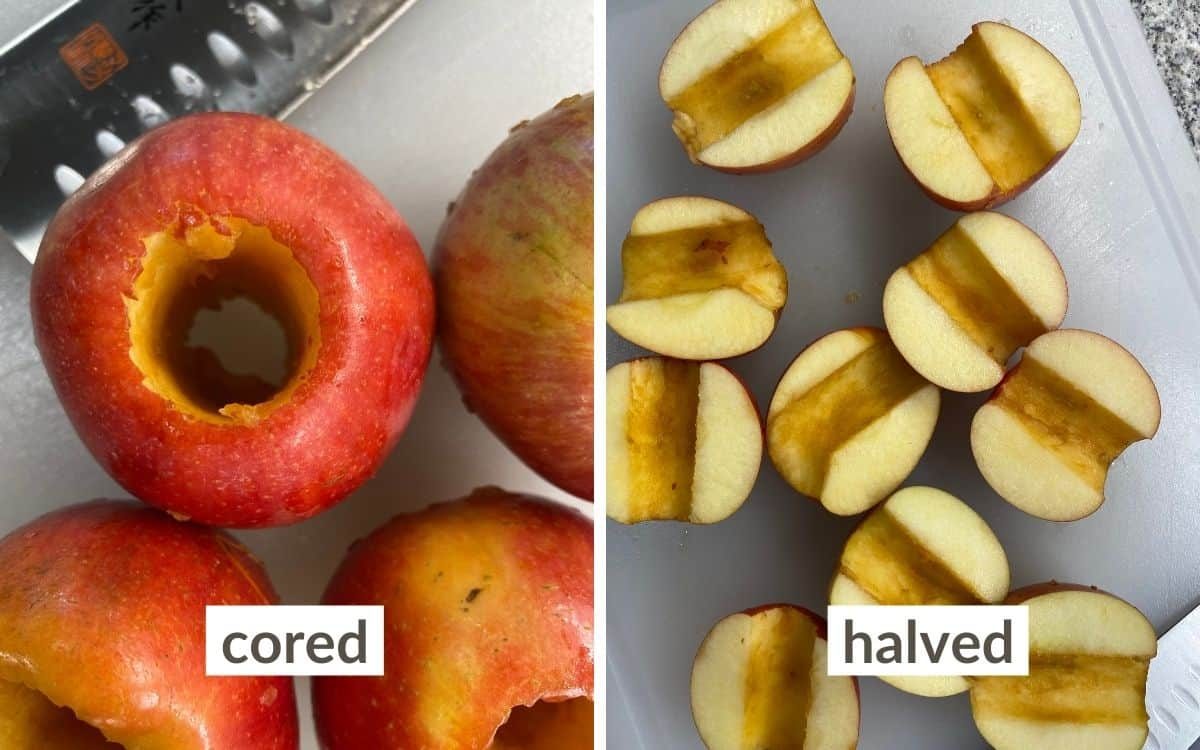 Apples cored and halved.