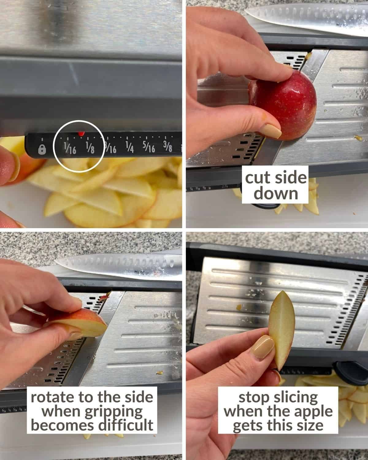 Apple being sliced on the mandoline.