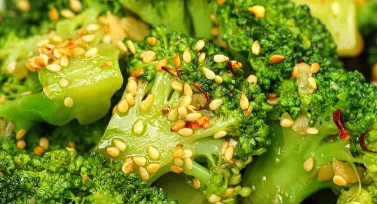Up close image of Asian-style broccoli.