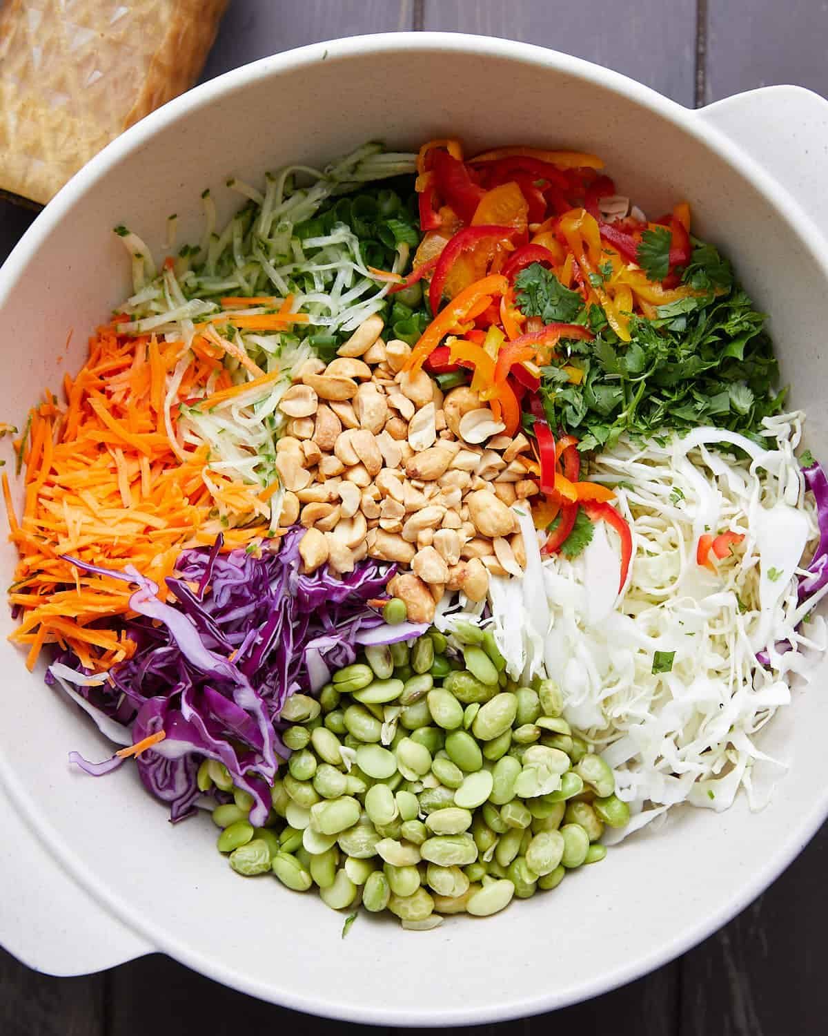 Overhead image of asian cabbage salad.