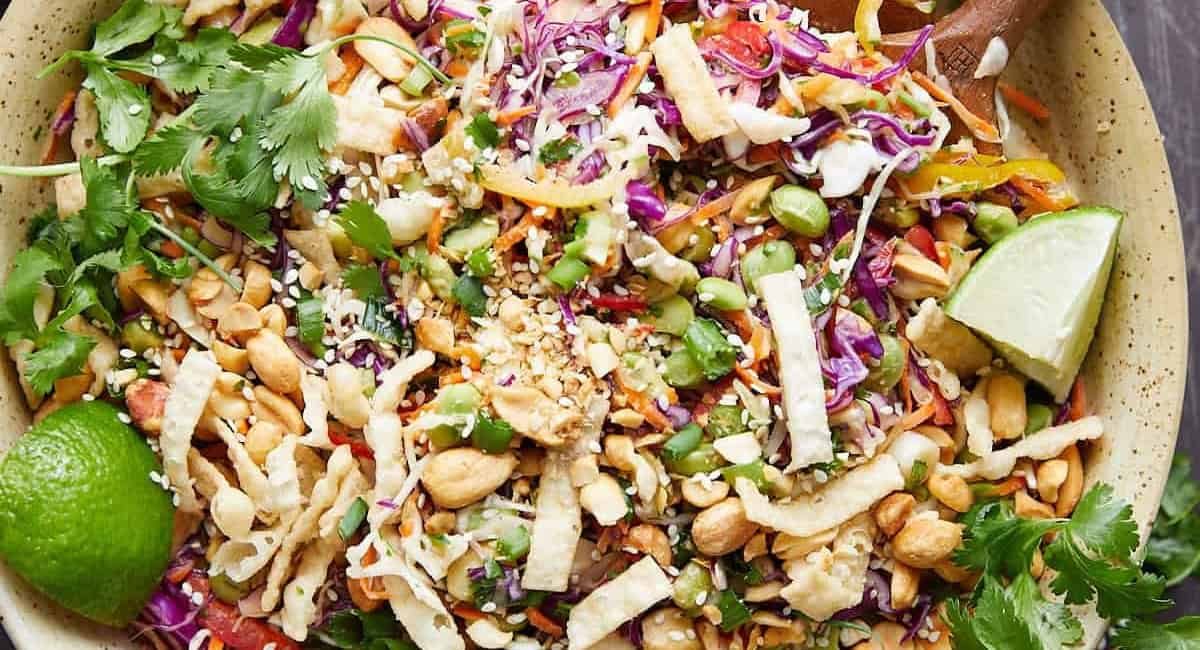 Overhead image of asian cabbage salad with peanut dressing.