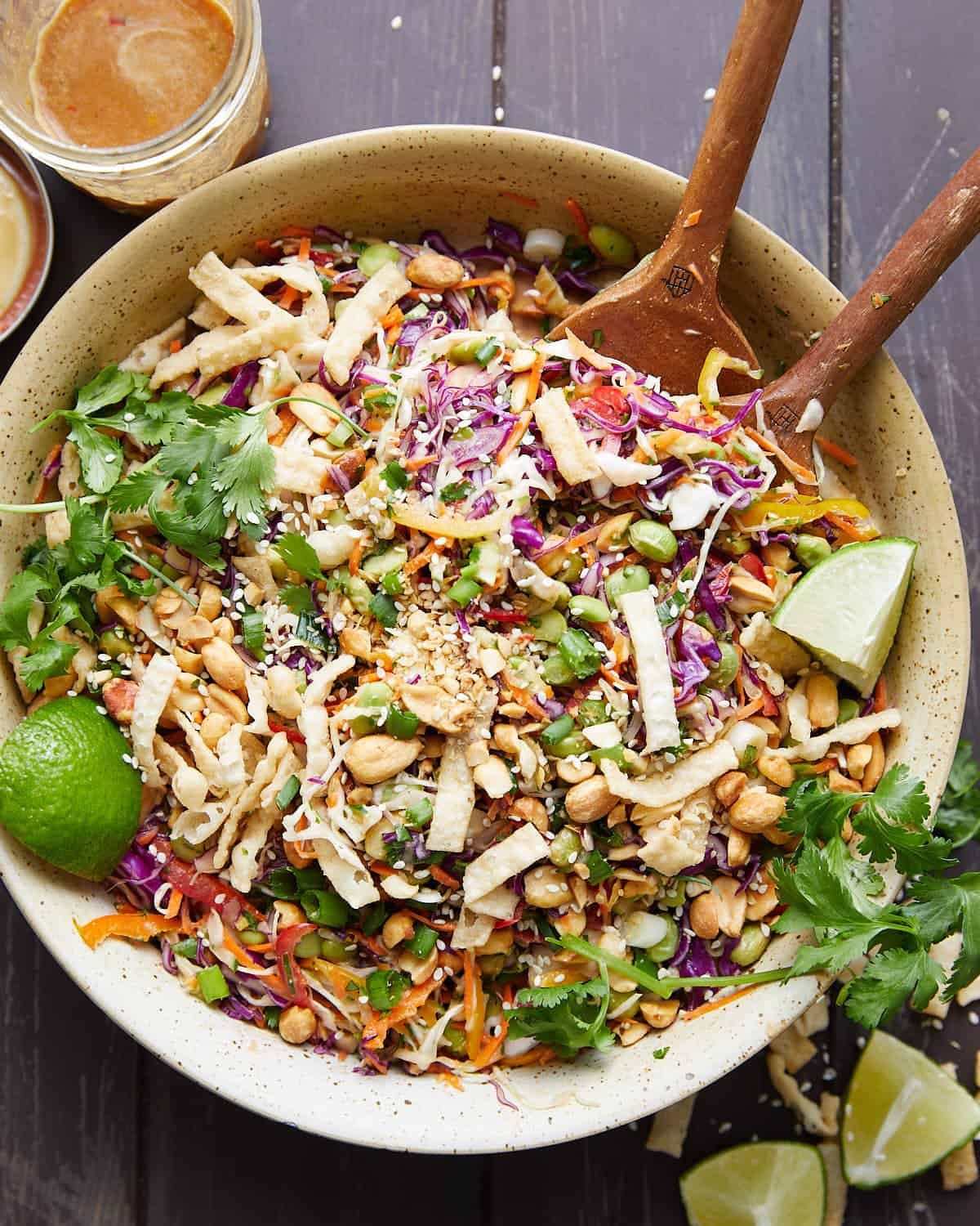 Overhead image of asian cabbage salad with peanut dressing.