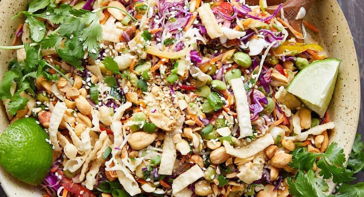 Overhead image of Asian cabbage salad.