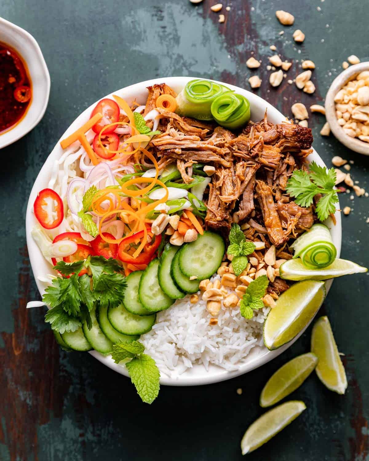 Overhead image of Asian pulled pork rice bowl.
