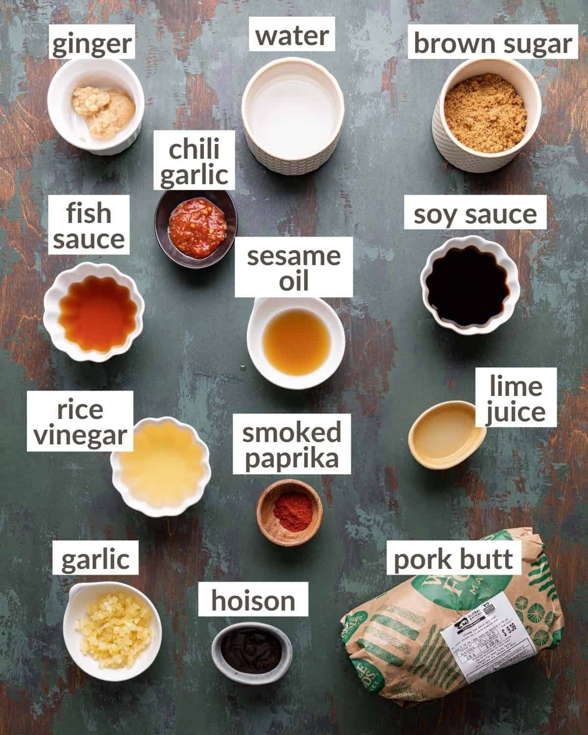 Overhead image of ingredients needed to make Asian pulled pork.