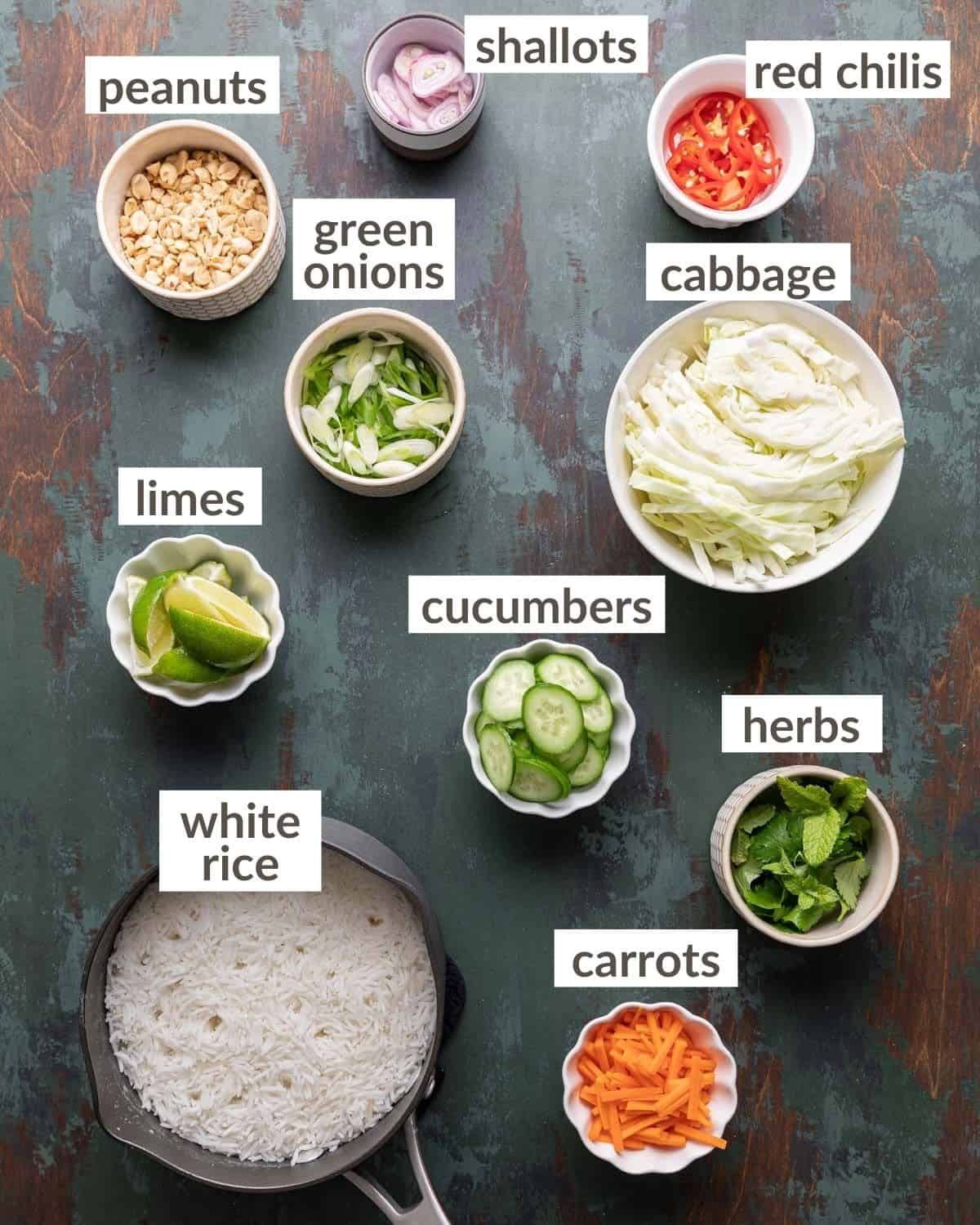 Overhead image of ingredients needed to make bowls for Asian pulled pork recipe.