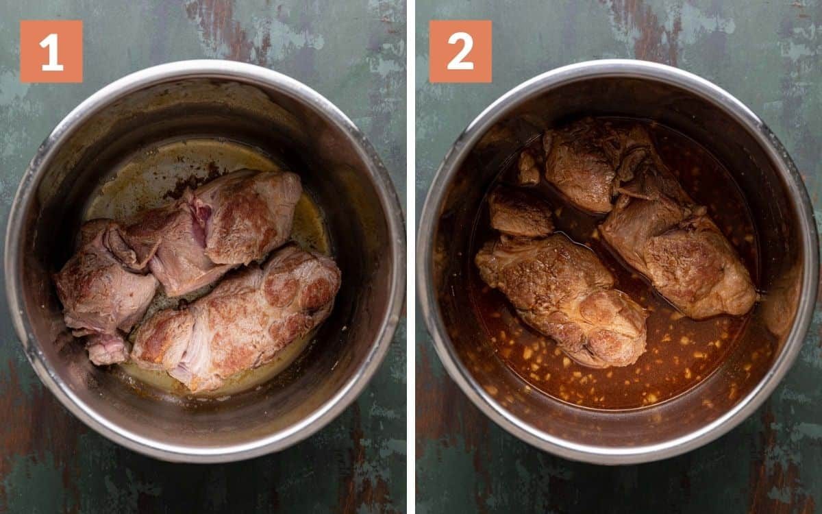 Two image collage showing the beginning steps to Asian pulled pork rice bowls.