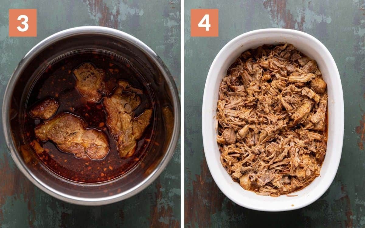 A two image collage showing the final steps for Asian pulled pork.