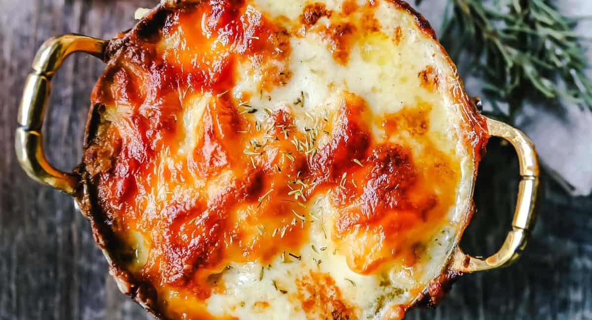 Overhead image of cheesy au gratin cheesy potatoes.
