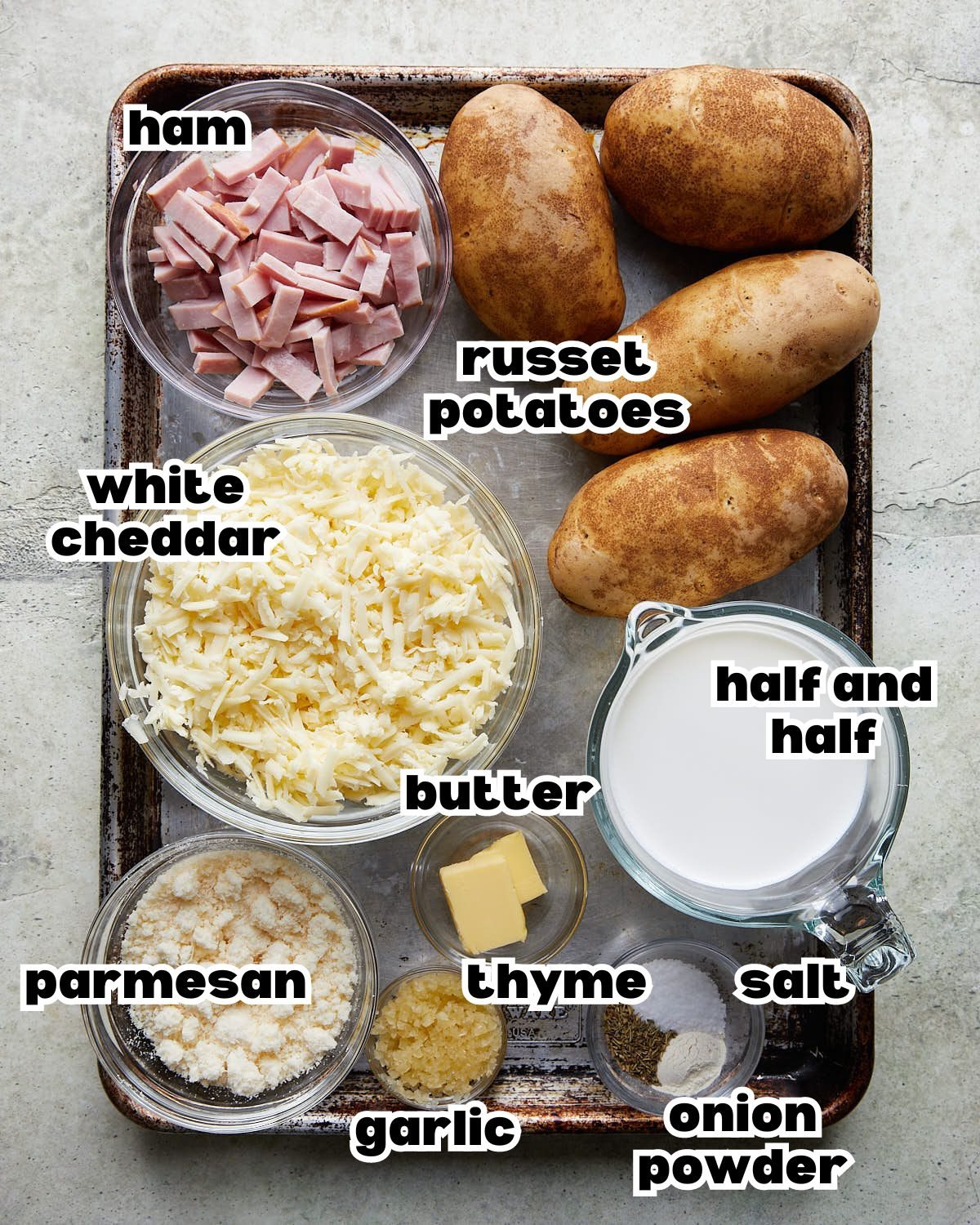 Overhead image of ingredients needed to make au gratin potatoes.