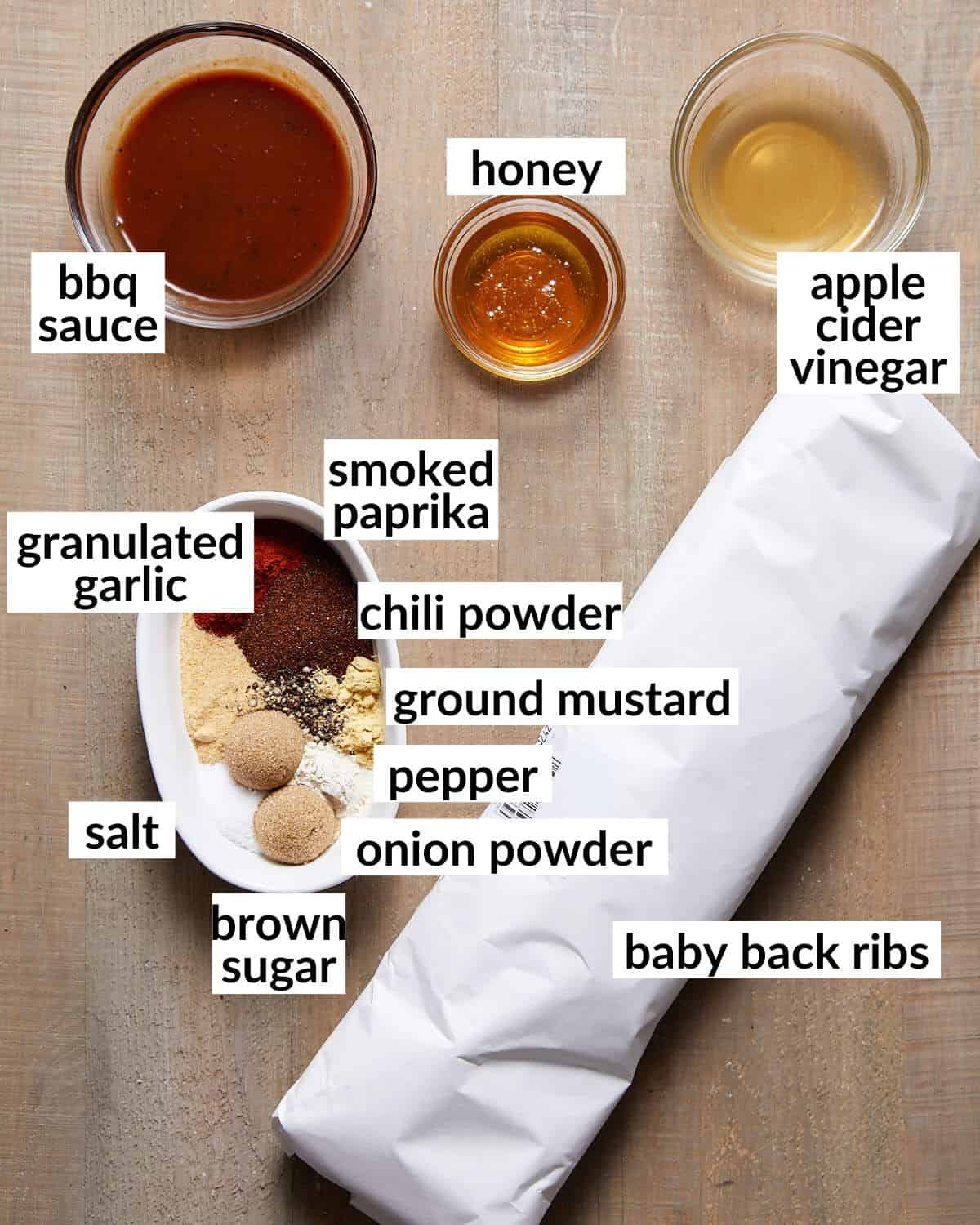 An overhead image of ingredients needed to make baby back ribs in oven.