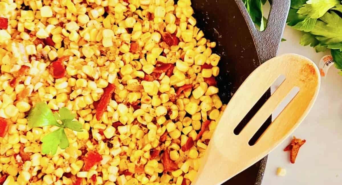 Overhead image of bacon fried corn.