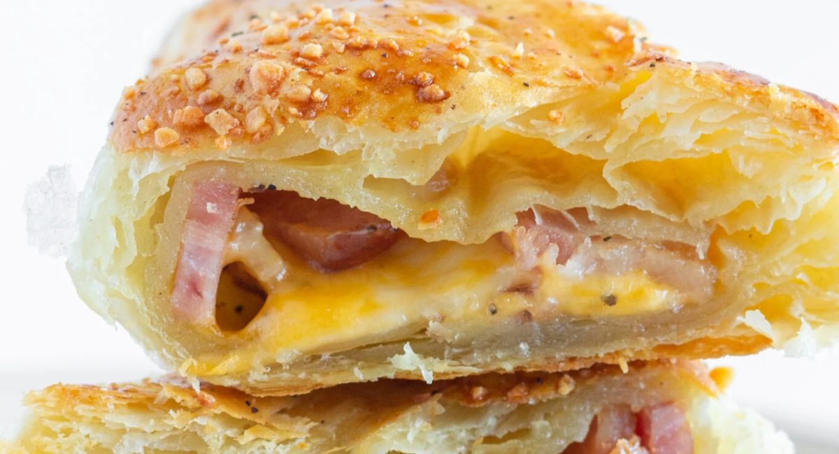 Up close image of bacon turnover recipe using puff pastry.