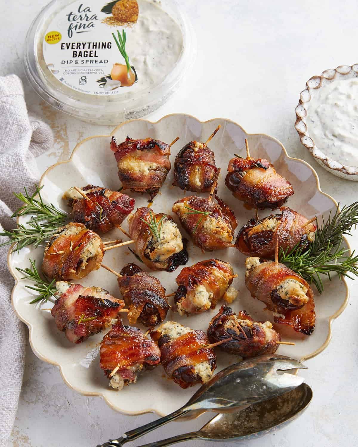 Overhead image of bacon wrapped dates with cream cheese.
