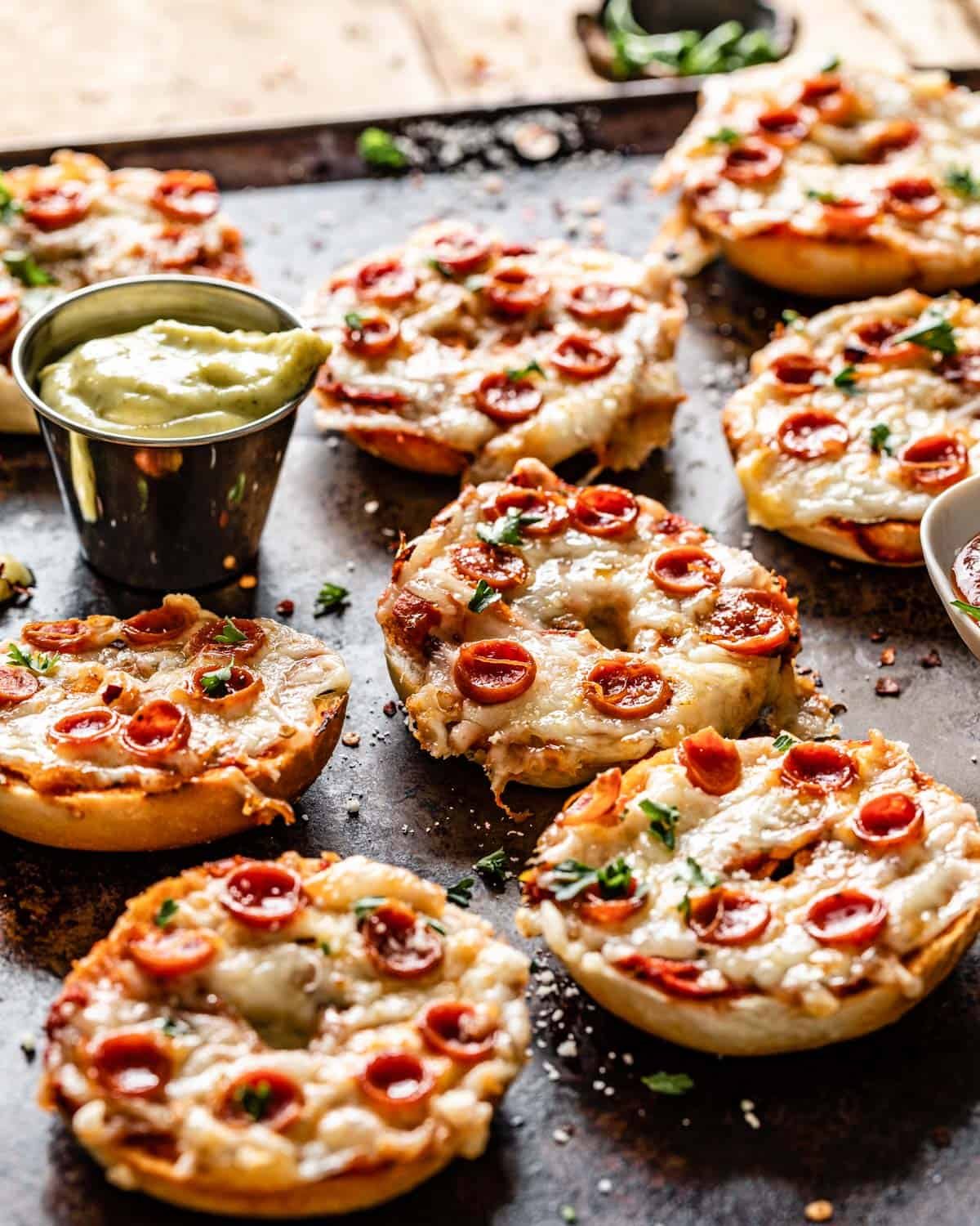 side view of bagel bites on tray