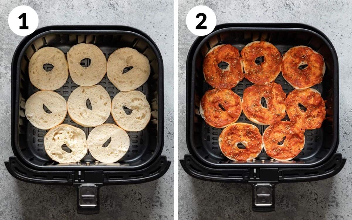 steps 1 & 2 bagel halves in air fryer basket sauce and seasoning added on top of bagels