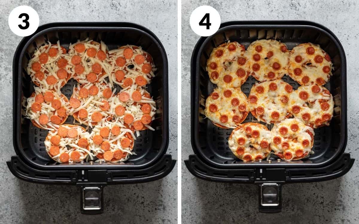 steps 3 & 4 cheese & pepperoni added air fried bagel bites in basket