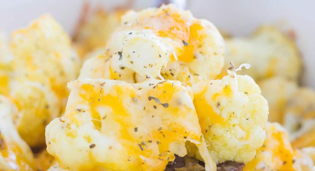 Up close image of baked cheesy cauliflower.