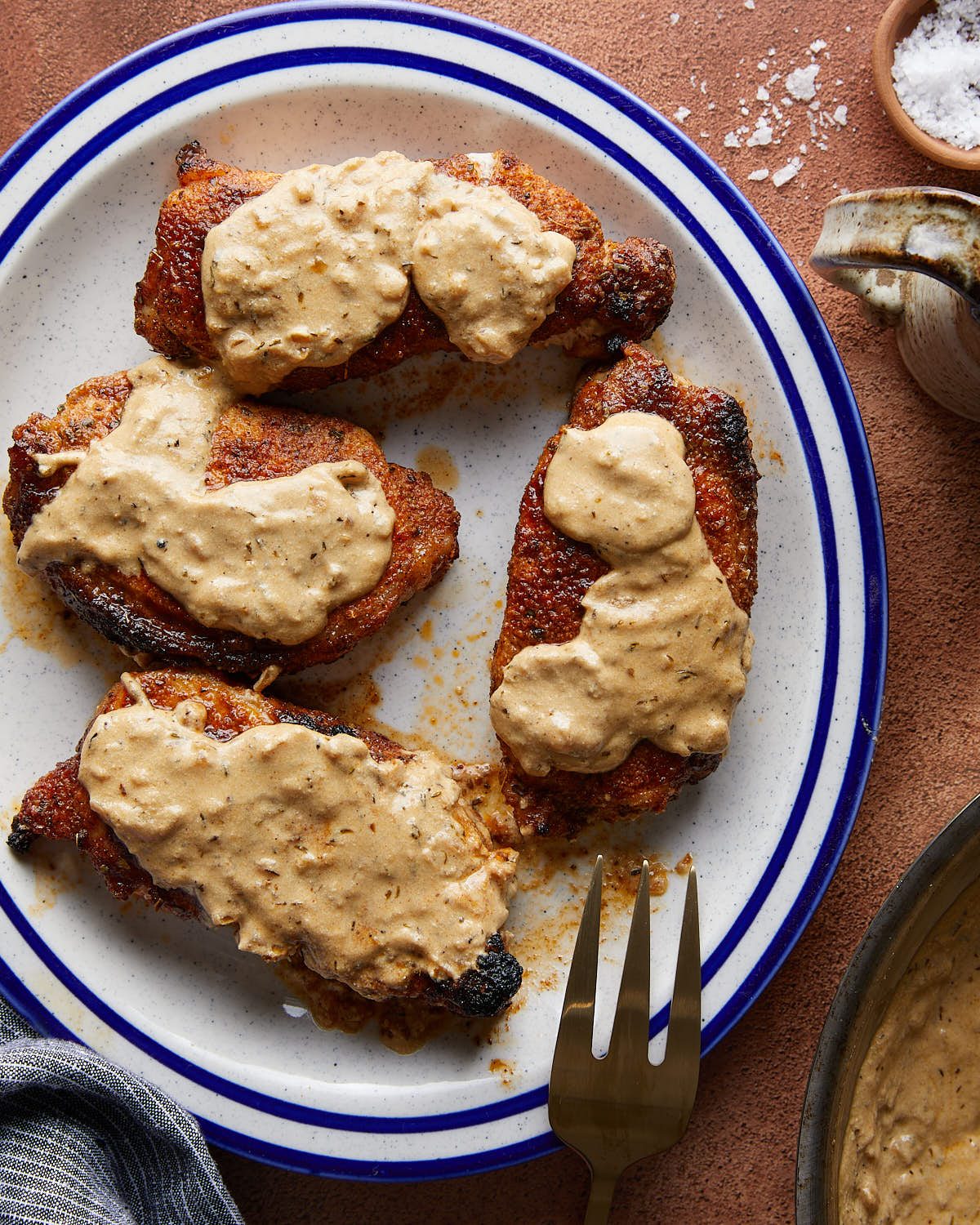 Overhead image of oven baked boneless pork chops.