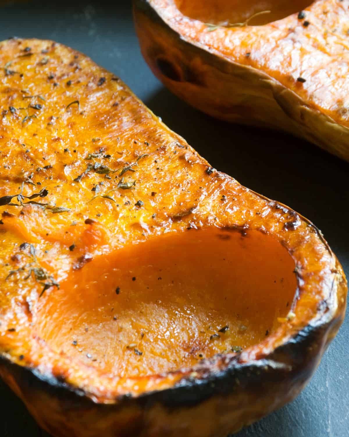 Up close image of baked butternut squash.