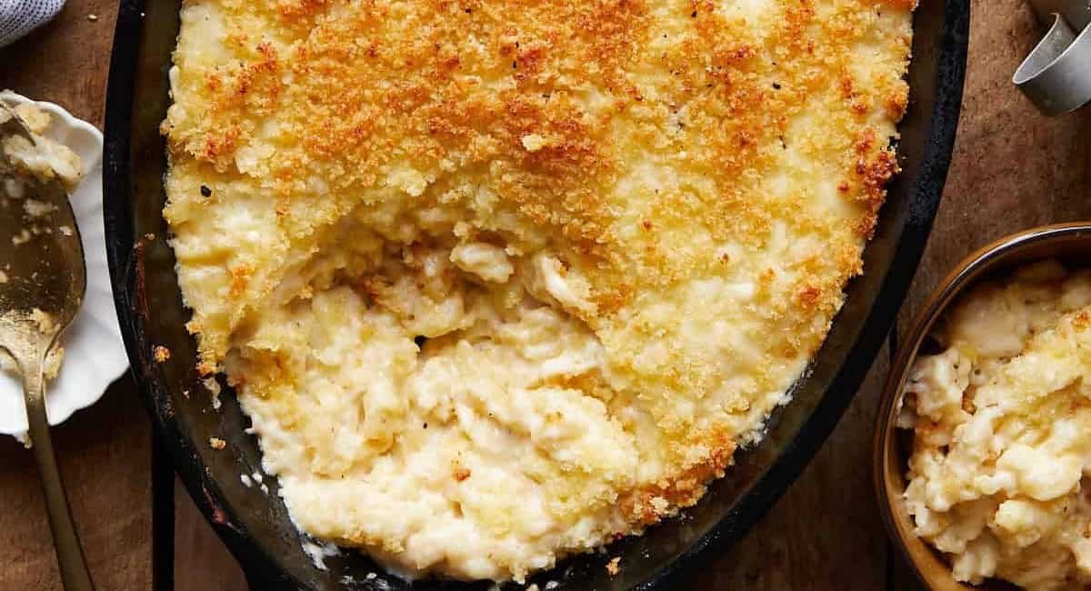 Overhead image of baked white cheddar mac and cheese.