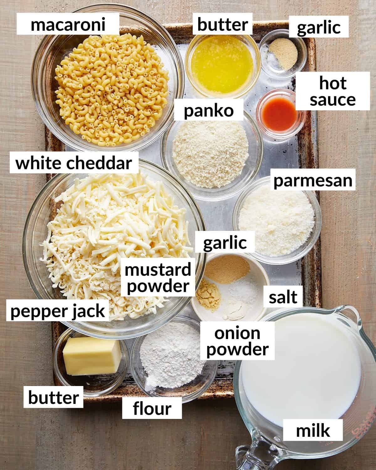 Overhead image of ingredients needed to make baked white cheddar mac and cheese.