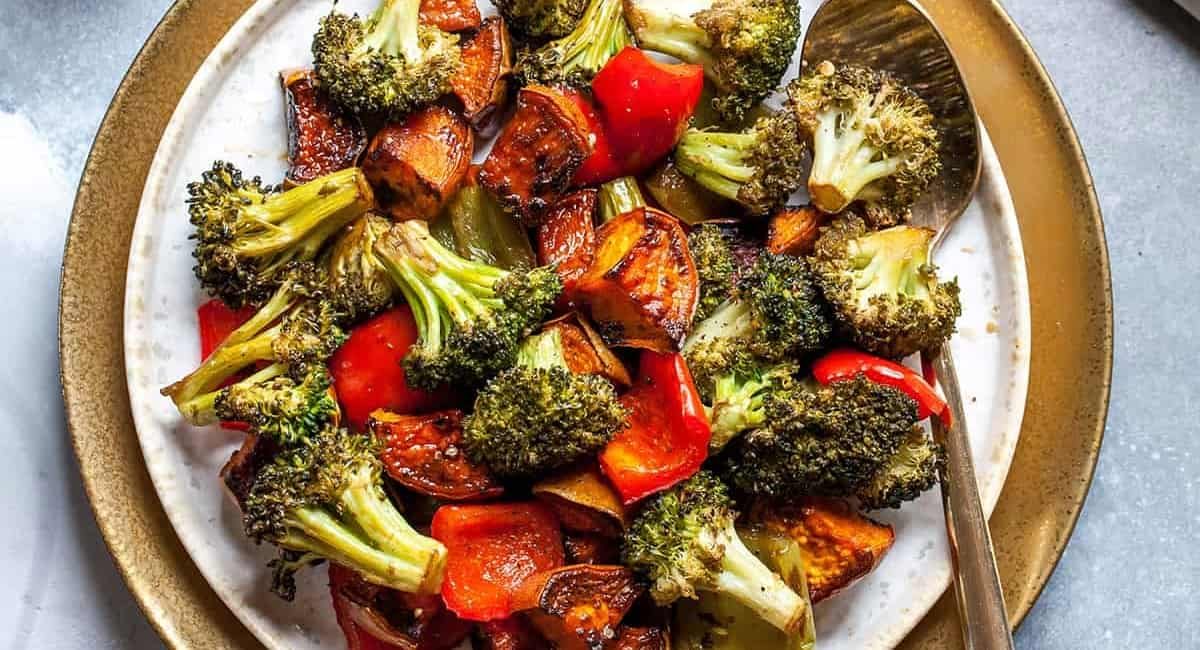 Overhead image of balsamic roasted vegetables.