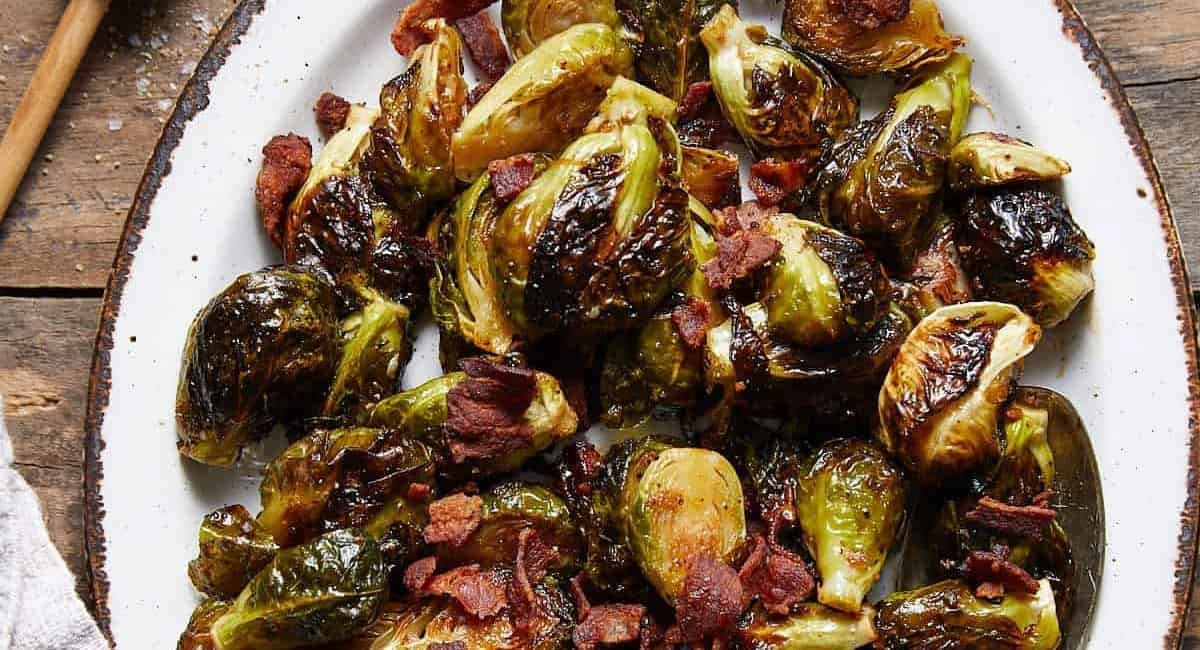 Overhead image of balsamic glazed brussel sprouts.