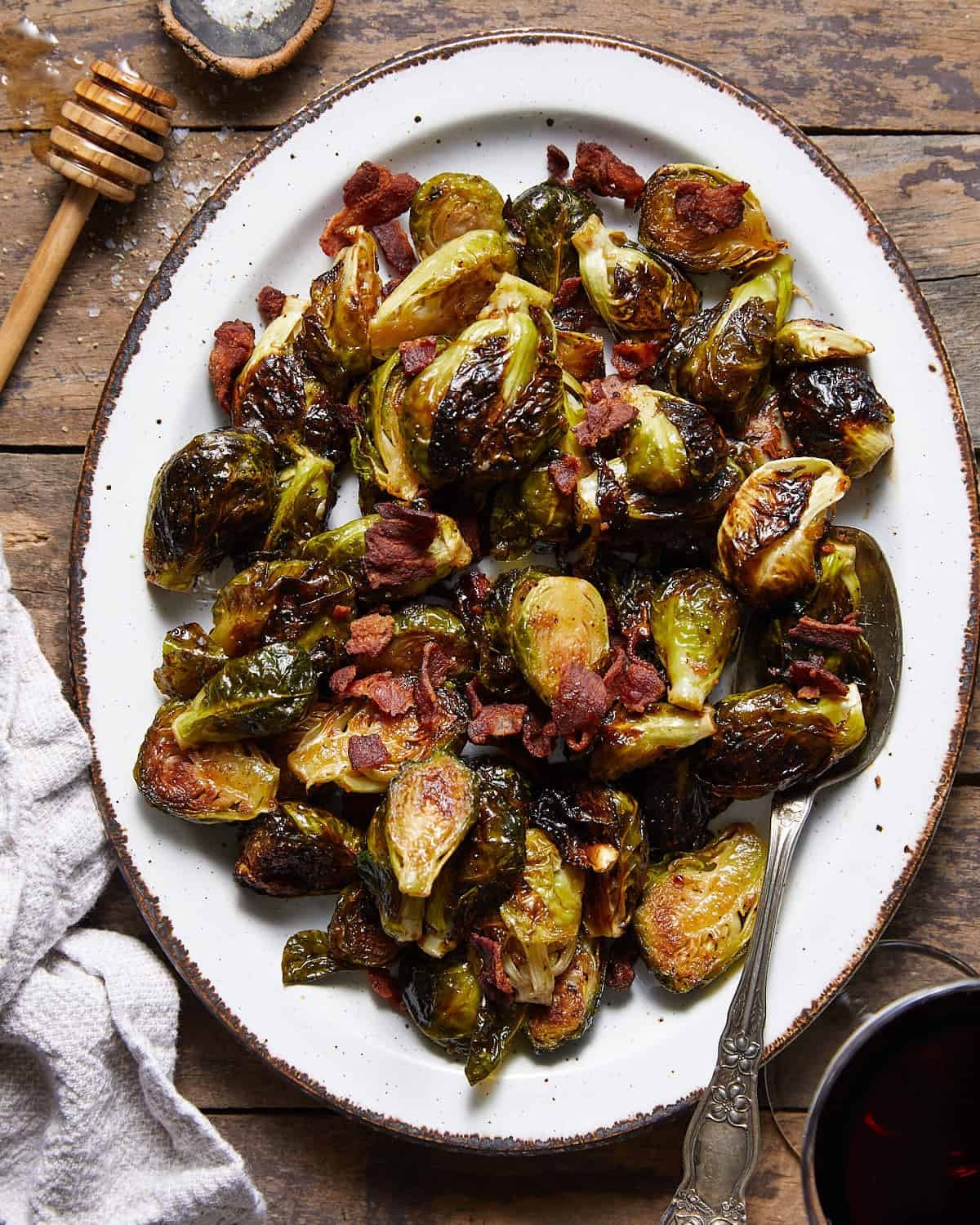 Overhead image of crispy glazed brussels sprouts.