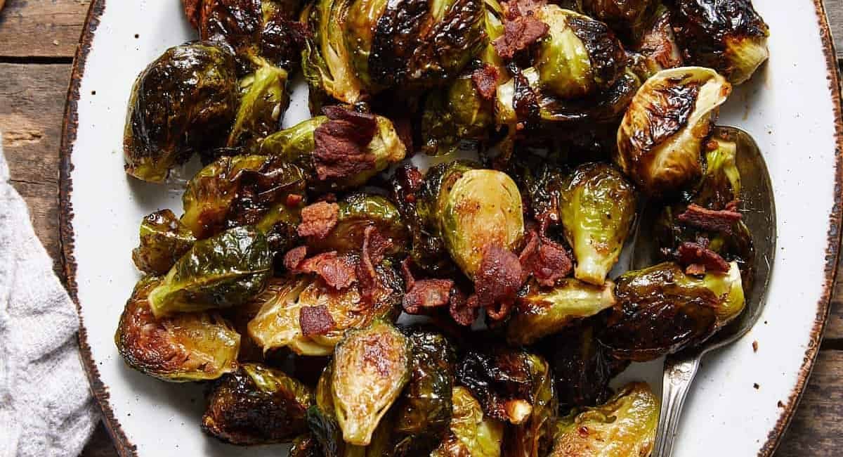 Overhead image of crispy glazed brussels sprouts.
