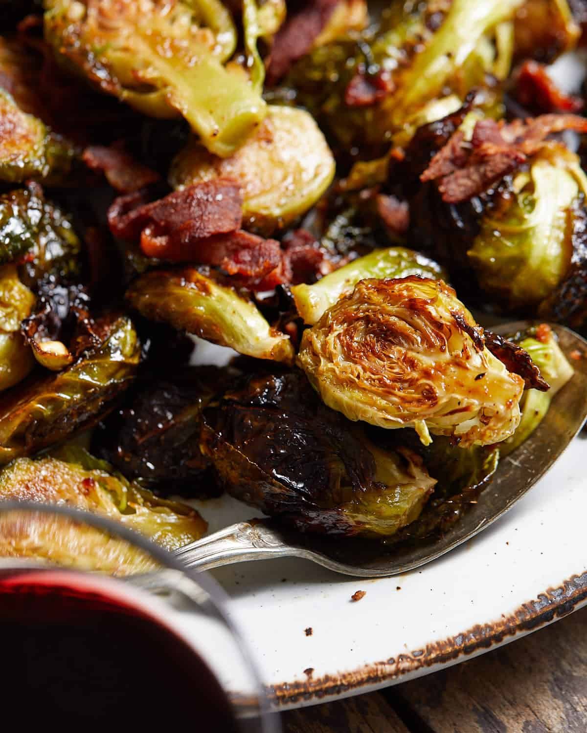 Up close image of crispy glazed brussels sprouts.