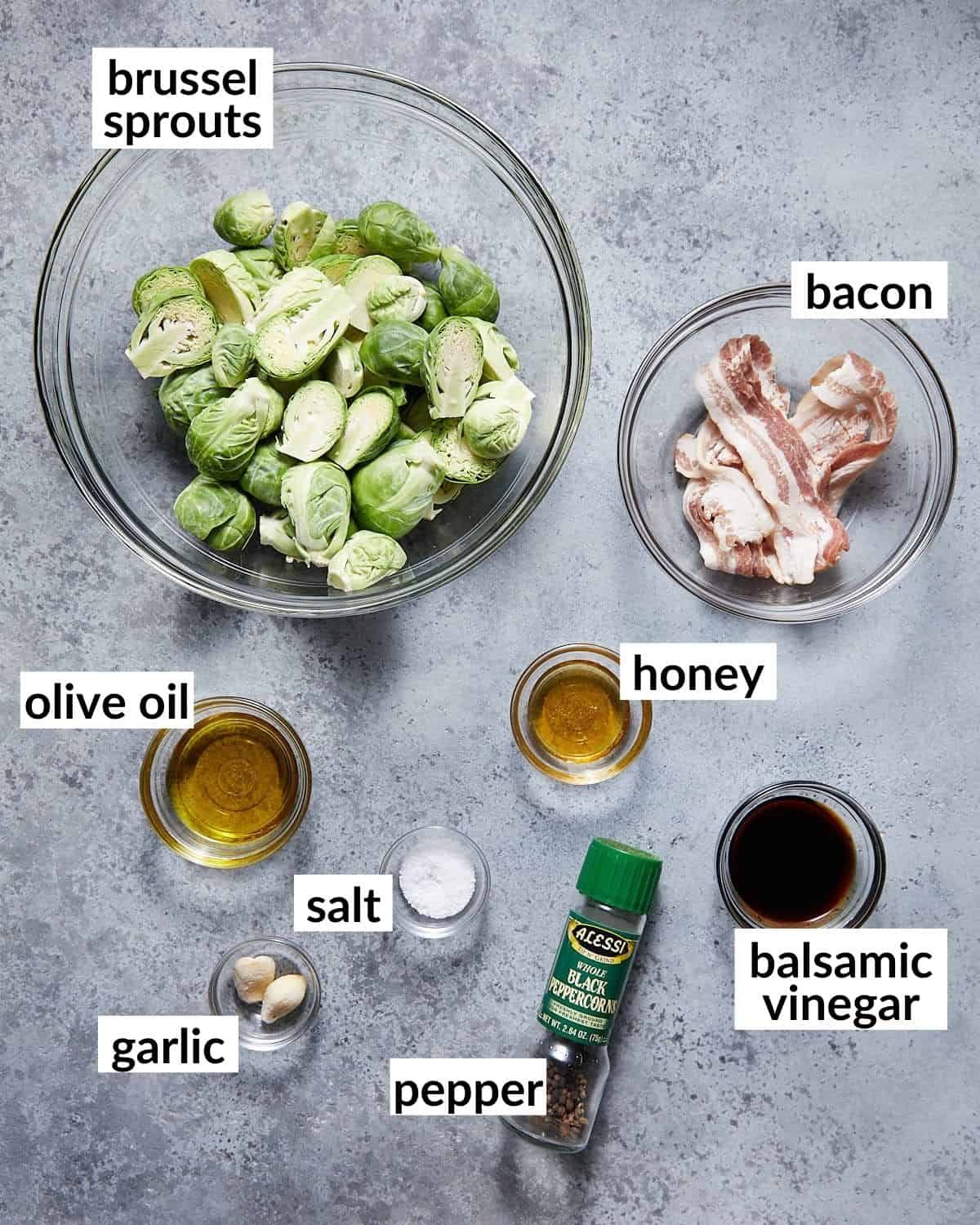Overhead image of ingredients needed to make crispy glazed brussels sprouts.