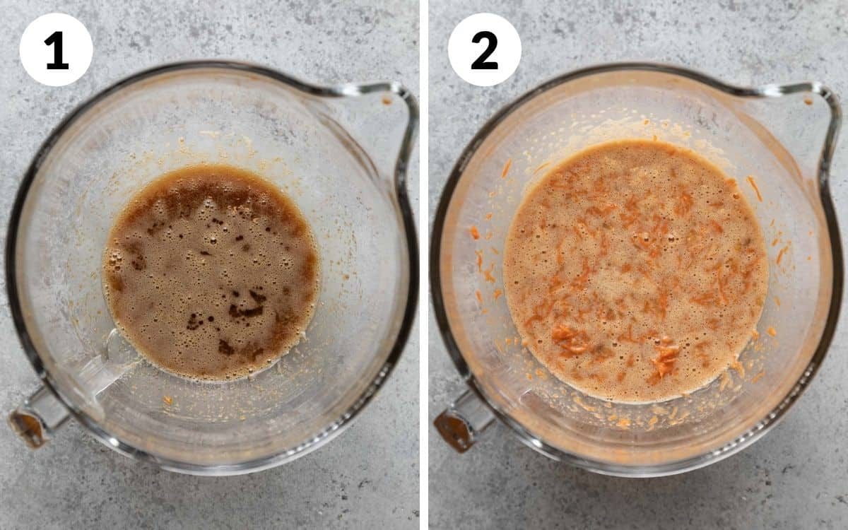 steps 1 & 2 egg mixture in bowl banana and carrot added to egg mixture