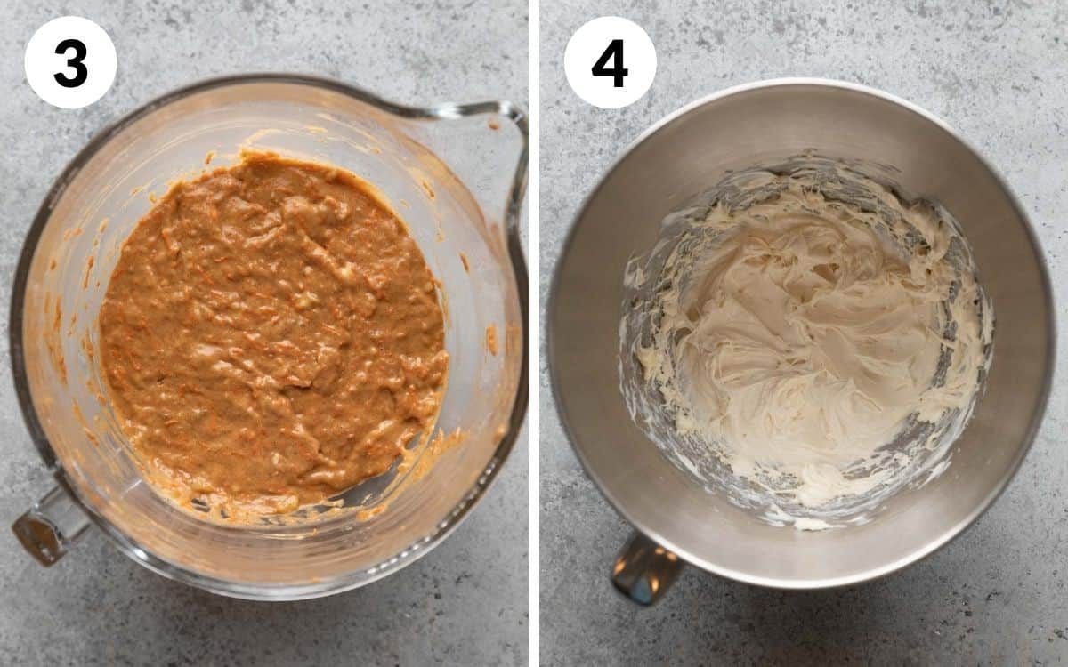 steps 3 & 4 dry ingredients folded into the wet ingredients cream cheese mixture whipped together in a separate bowl