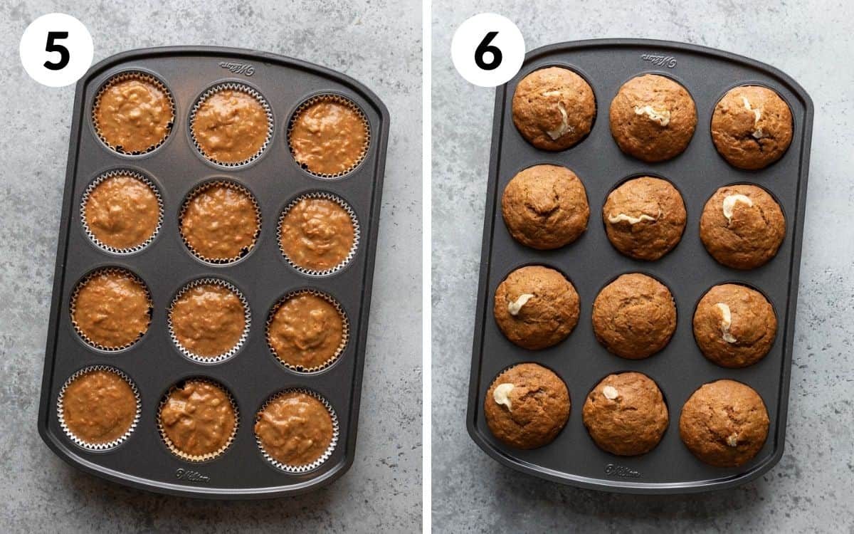 steps 5 & 6 muffin liners filled with batter baked muffins