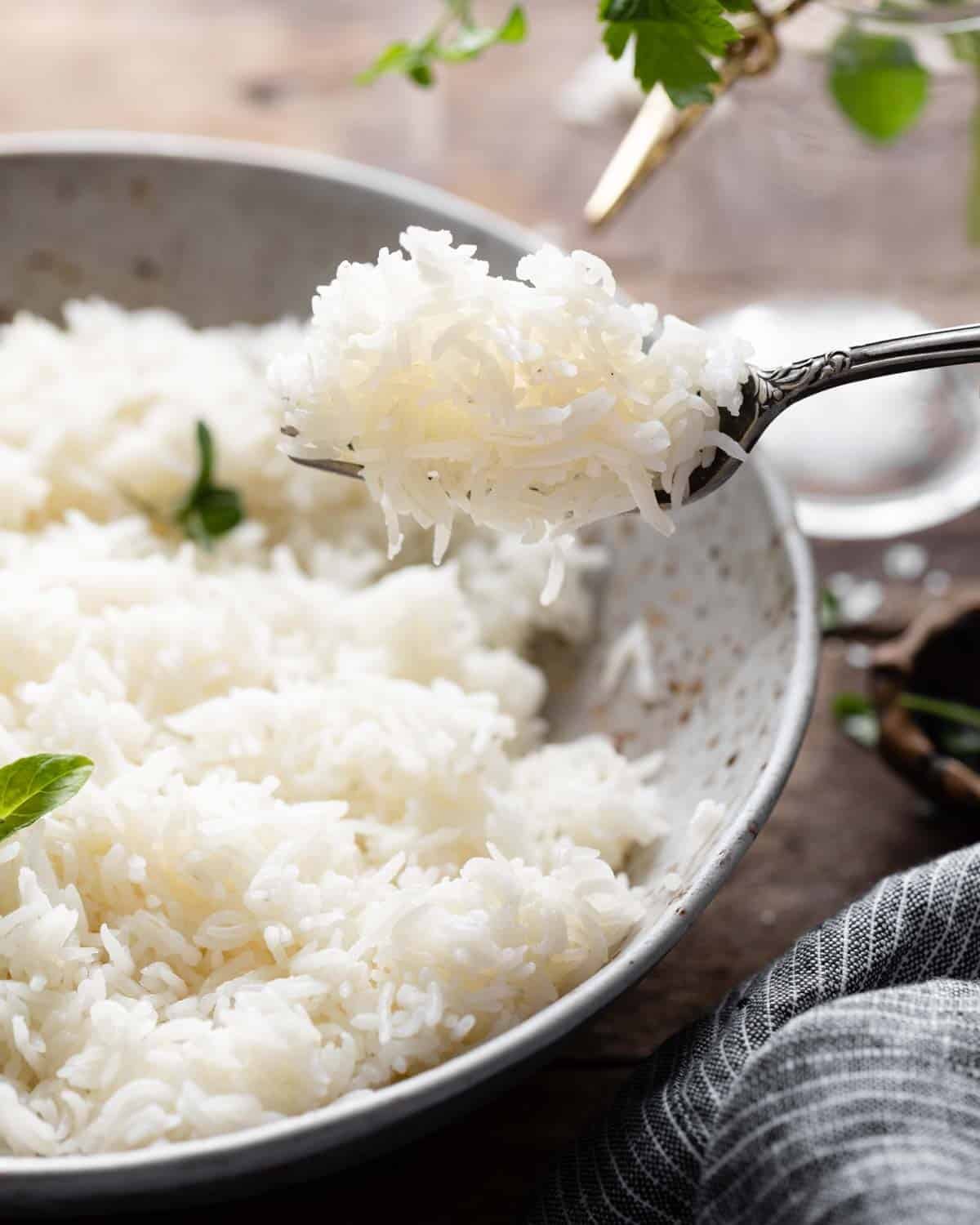 Instant pot basmati rice on a fork.