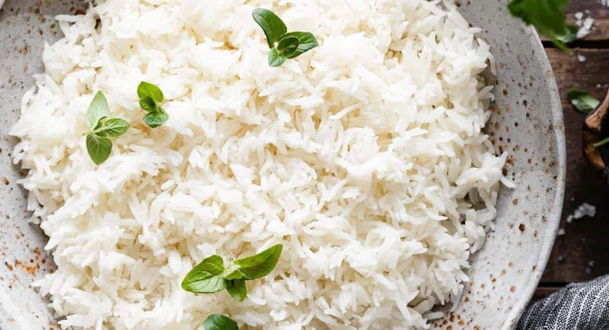 Overhead image of instant pot basmati rice in bowl.
