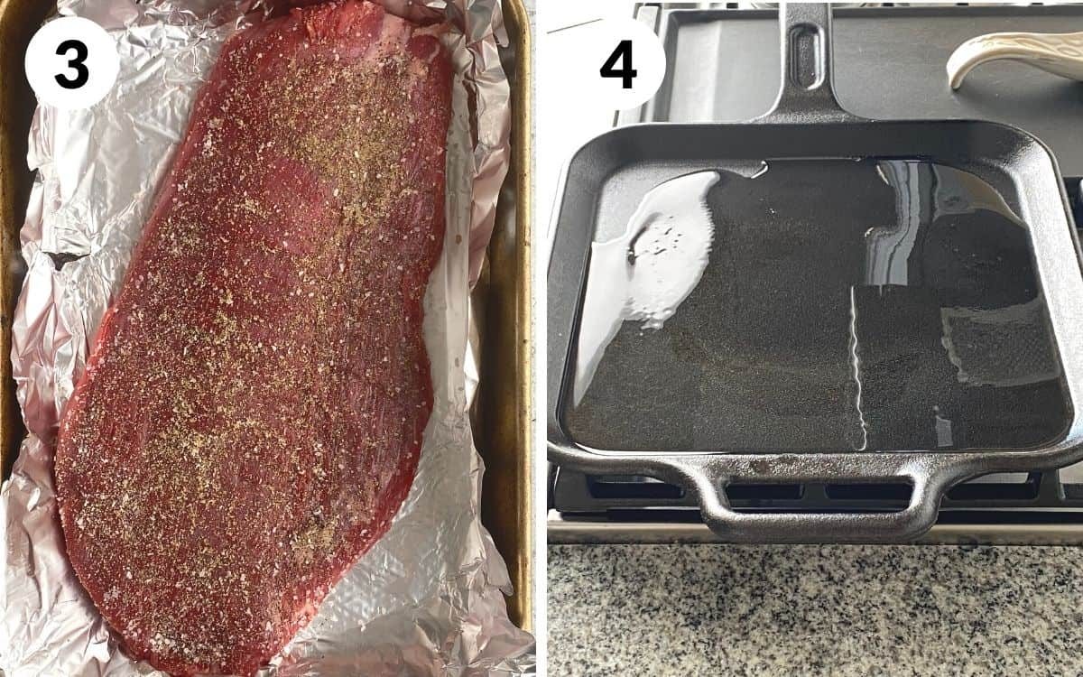 A 2 photo collage showing steps 3 and 4 to make cast iron flank steaks.