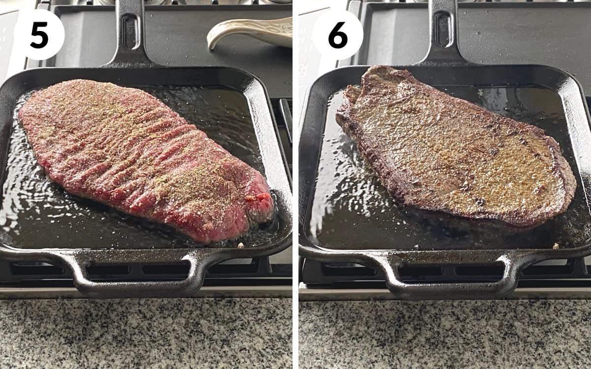 A 2 photo collage showing steps 5 and 6 to make cast iron flank steaks.