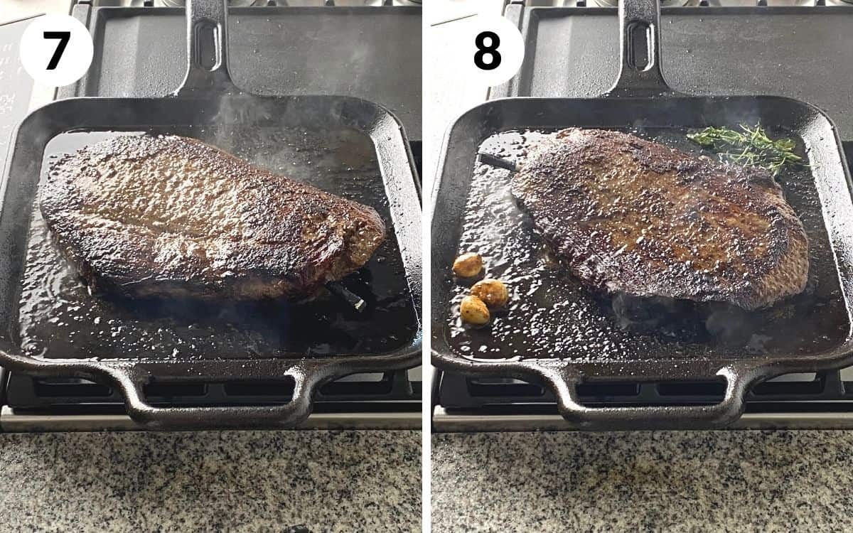 A 2 photo collage showing steps 7 and 8 to making cast iron flank steak.