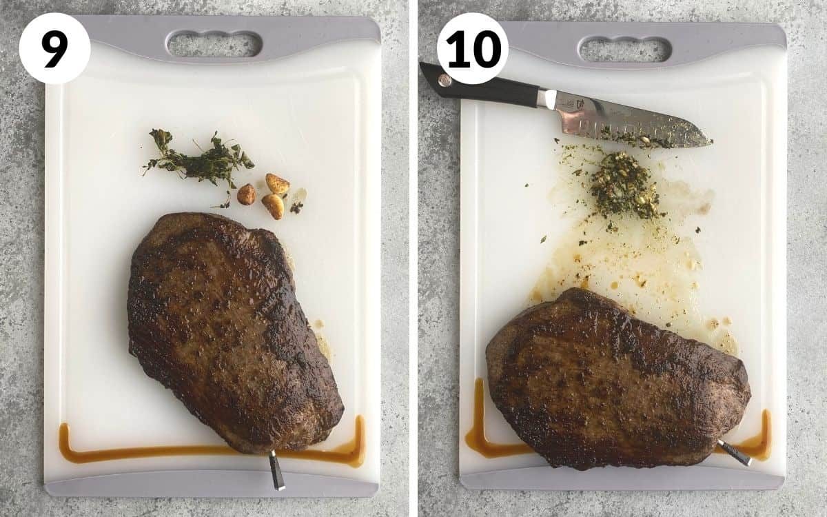 A 2 photo collage showing steps 9 and 10 to make cast iron flank steak.