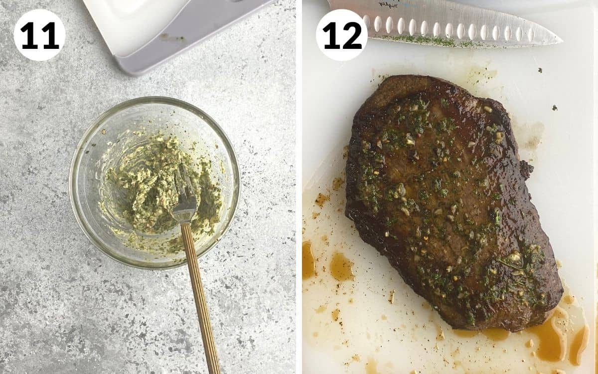 A 2 photo collage showing steps 11 and 12 for cast iron flank steaks.