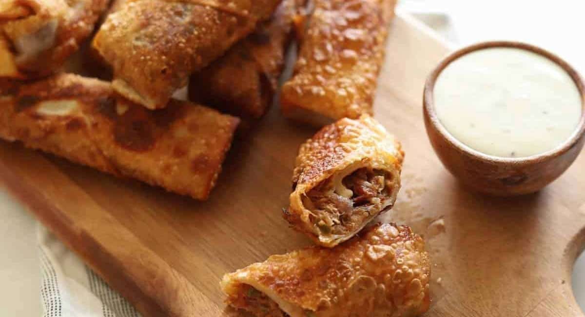 Overhead image of pulled pork egg rolls.